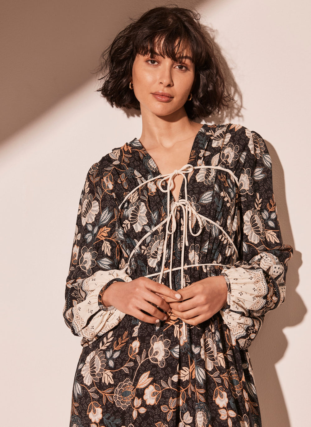 Black Floral Print Midi Dress