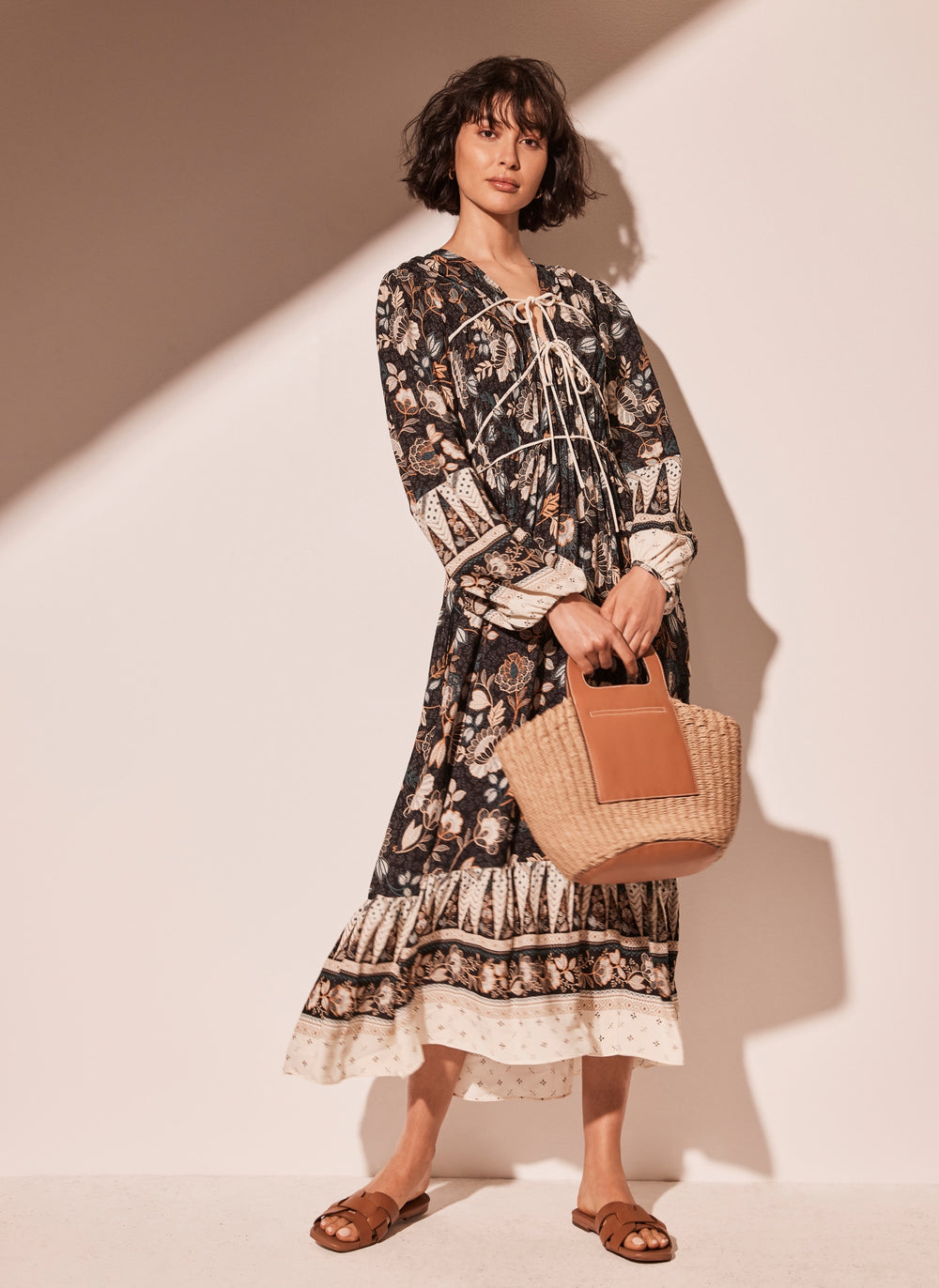 Black Floral Print Midi Dress