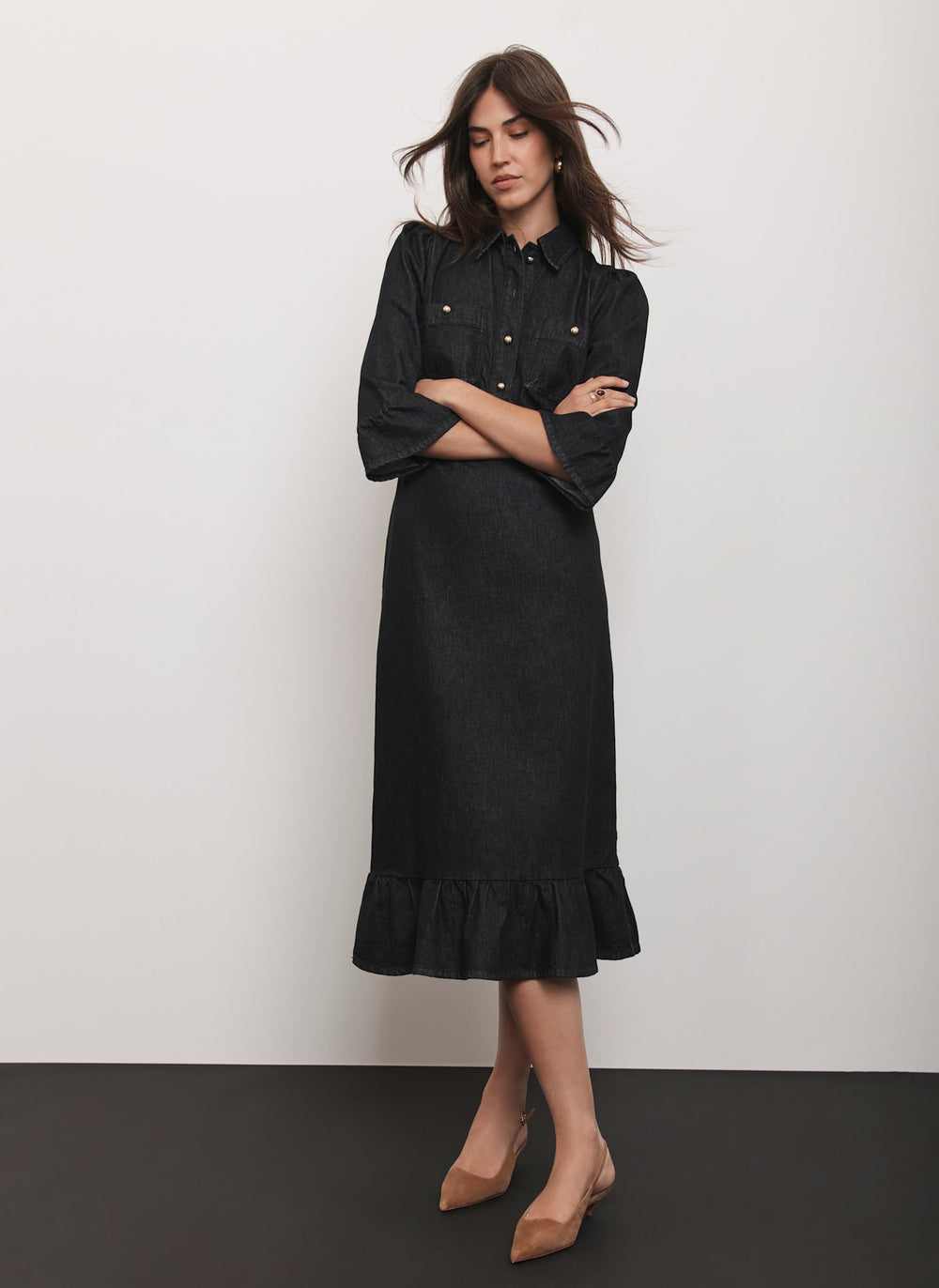 Black Denim Midi Shirt Dress