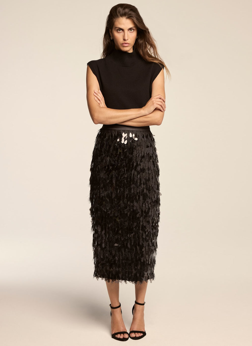 Black Sequin Textured Fringe Midi Skirt