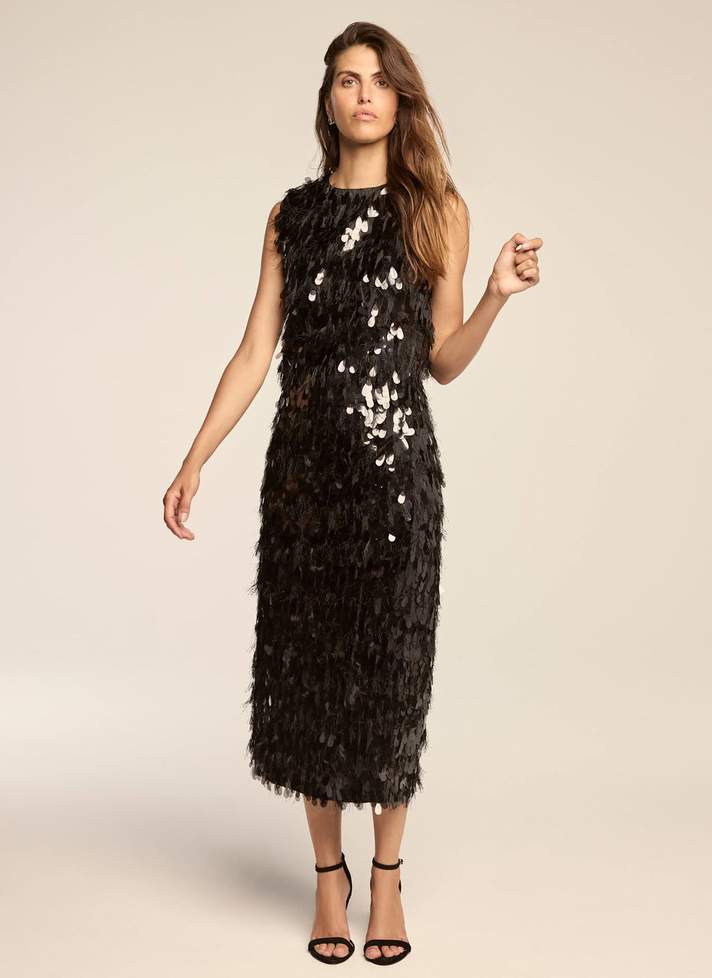 Black Sequin Textured Fringe Midi Skirt