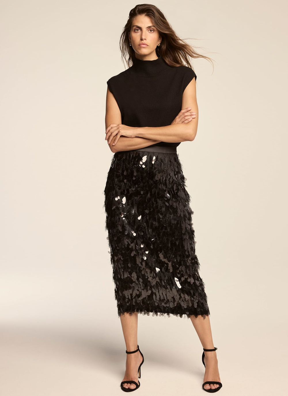 Black Sequin Textured Fringe Midi Skirt