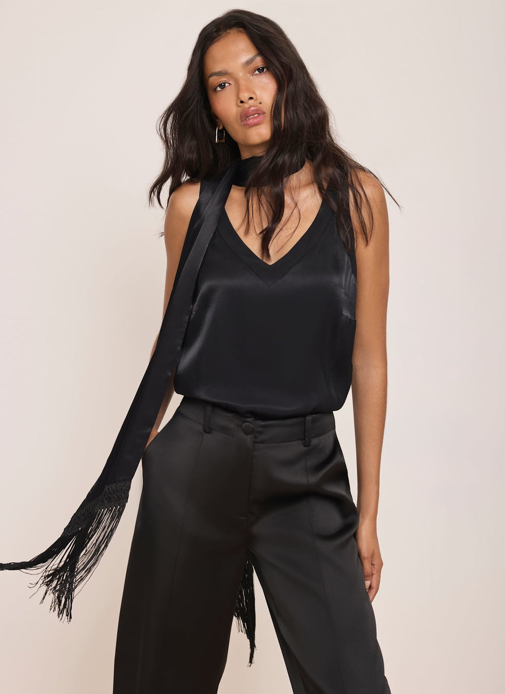Black Satin Fringe Detail Skinny Scarf
