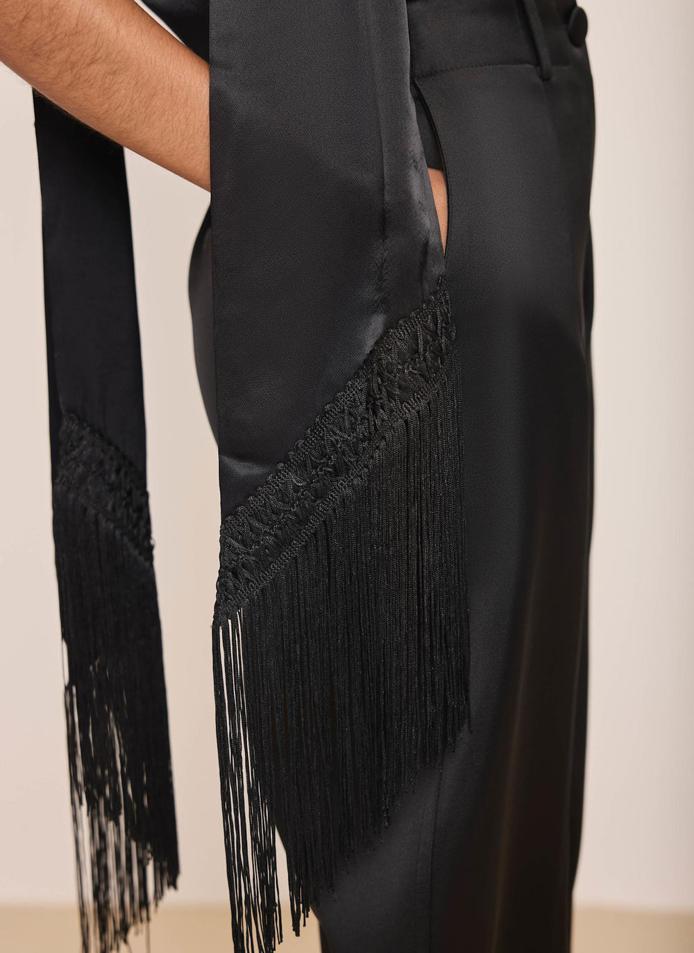 Black Satin Fringe Detail Skinny Scarf