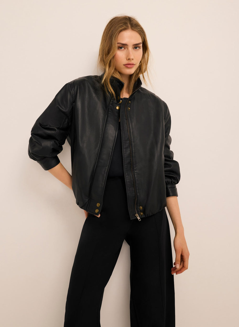 Black Funnel Neck Leather Jacket