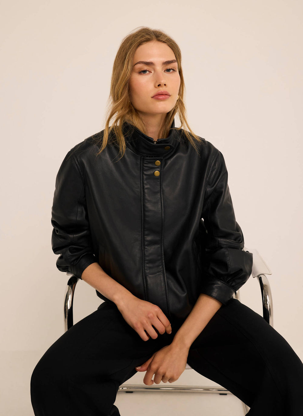 Black Funnel Neck Leather Jacket