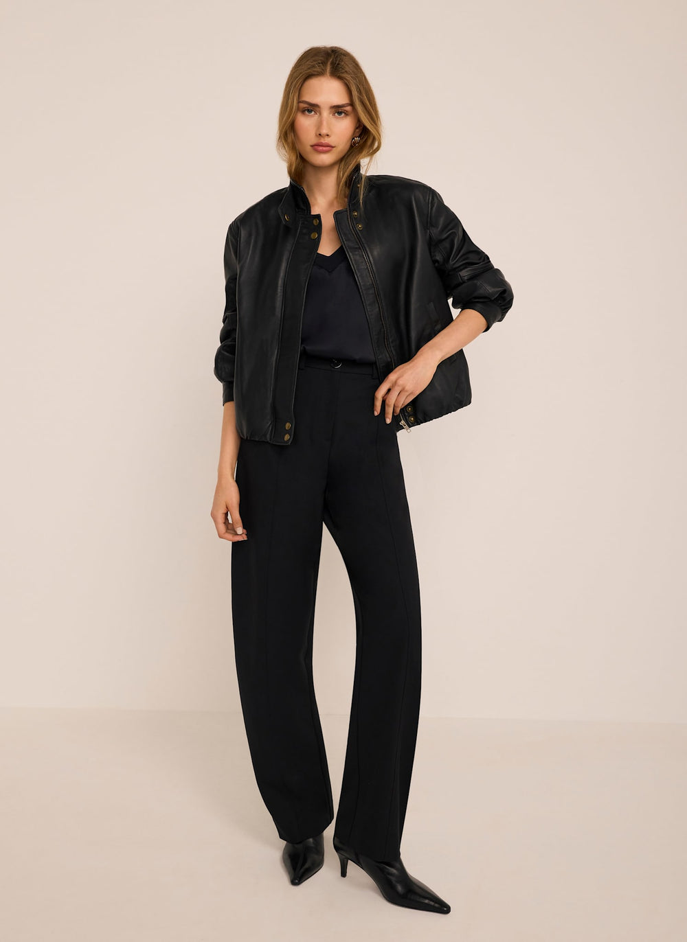 Black Funnel Neck Leather Jacket