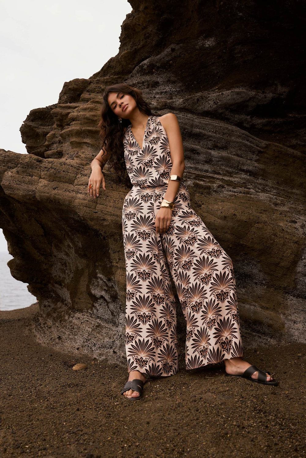Neutral Satin Geo Print Wide Leg Trousers
