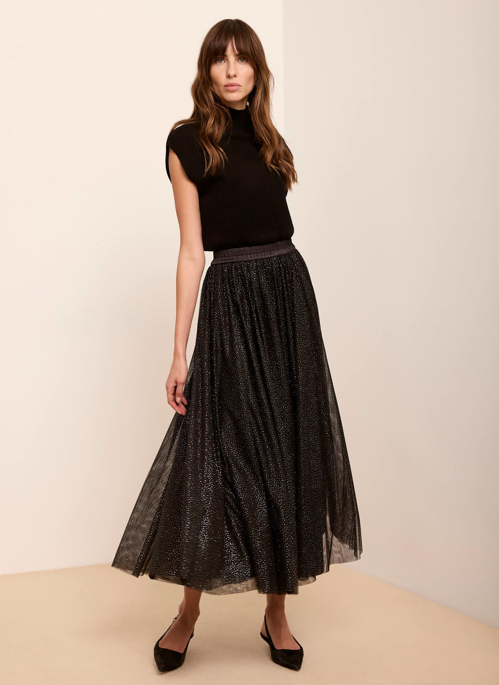 Black Metallic Tulle Maxi Skirt
