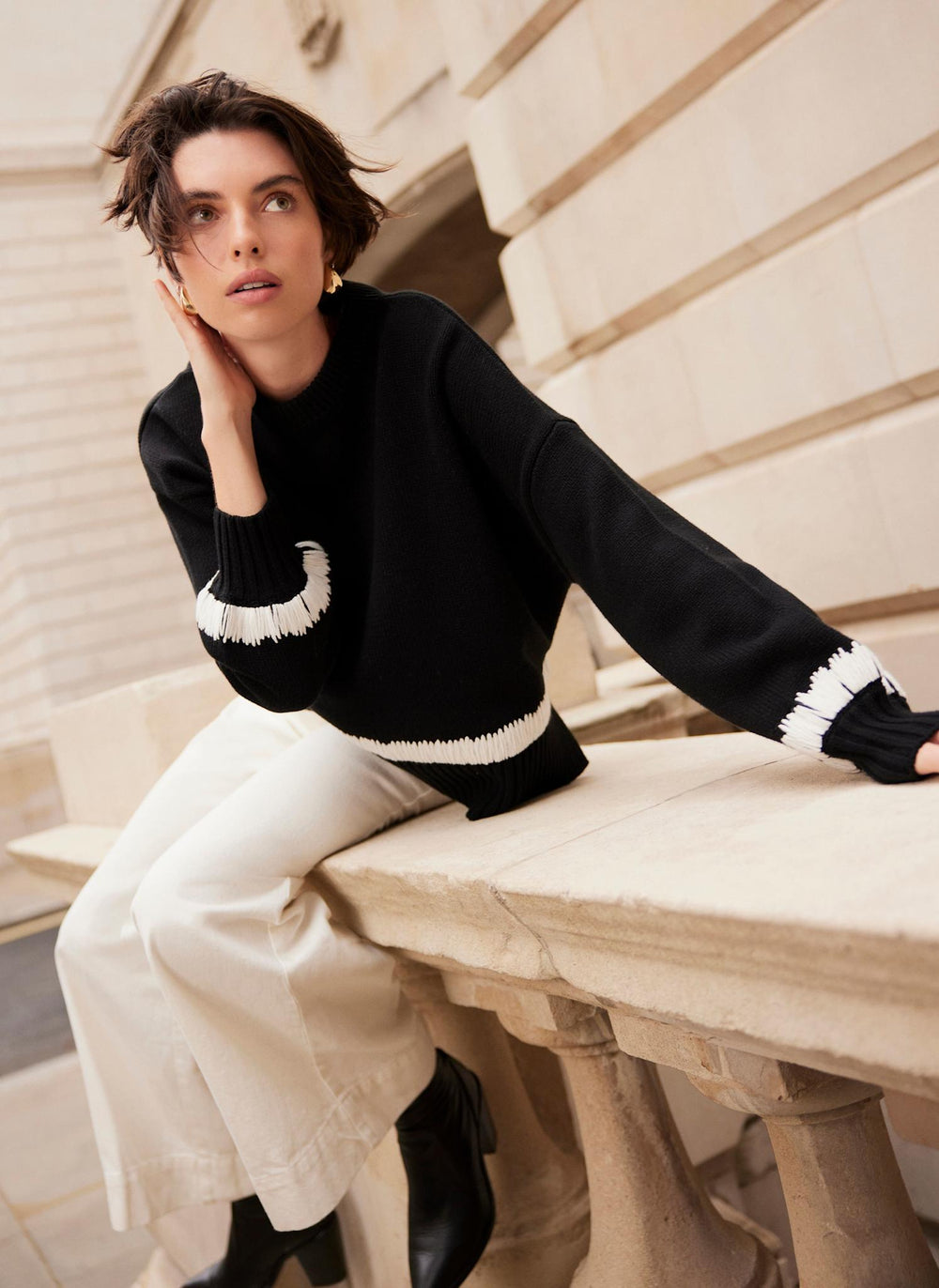 Black Cotton Blend Contrast Detail Jumper