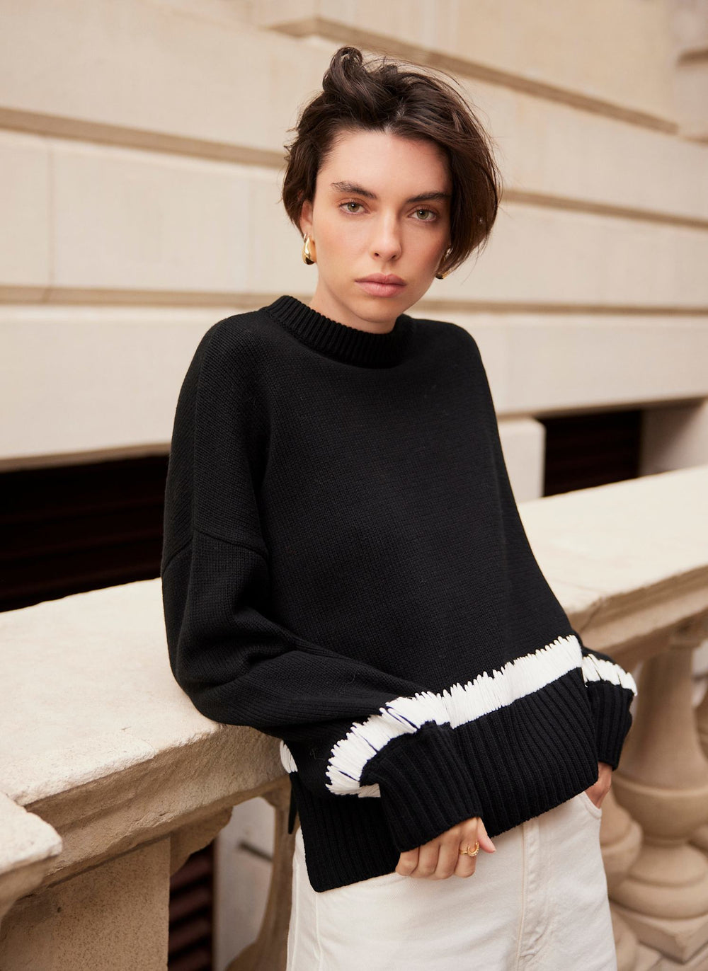 Black Cotton Blend Contrast Detail Jumper