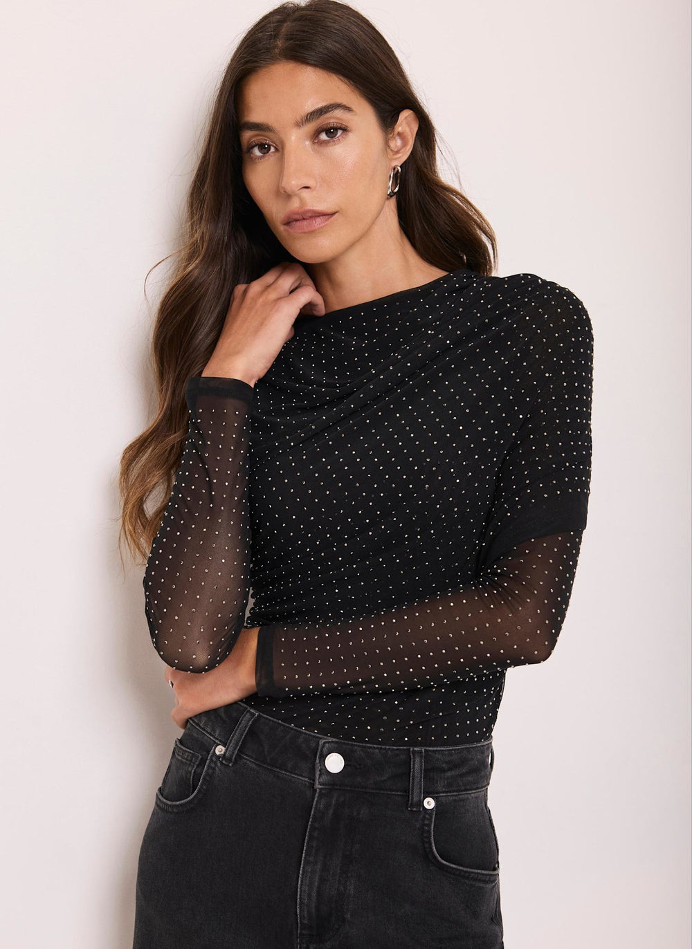 Black Mesh Drape Embellished Top