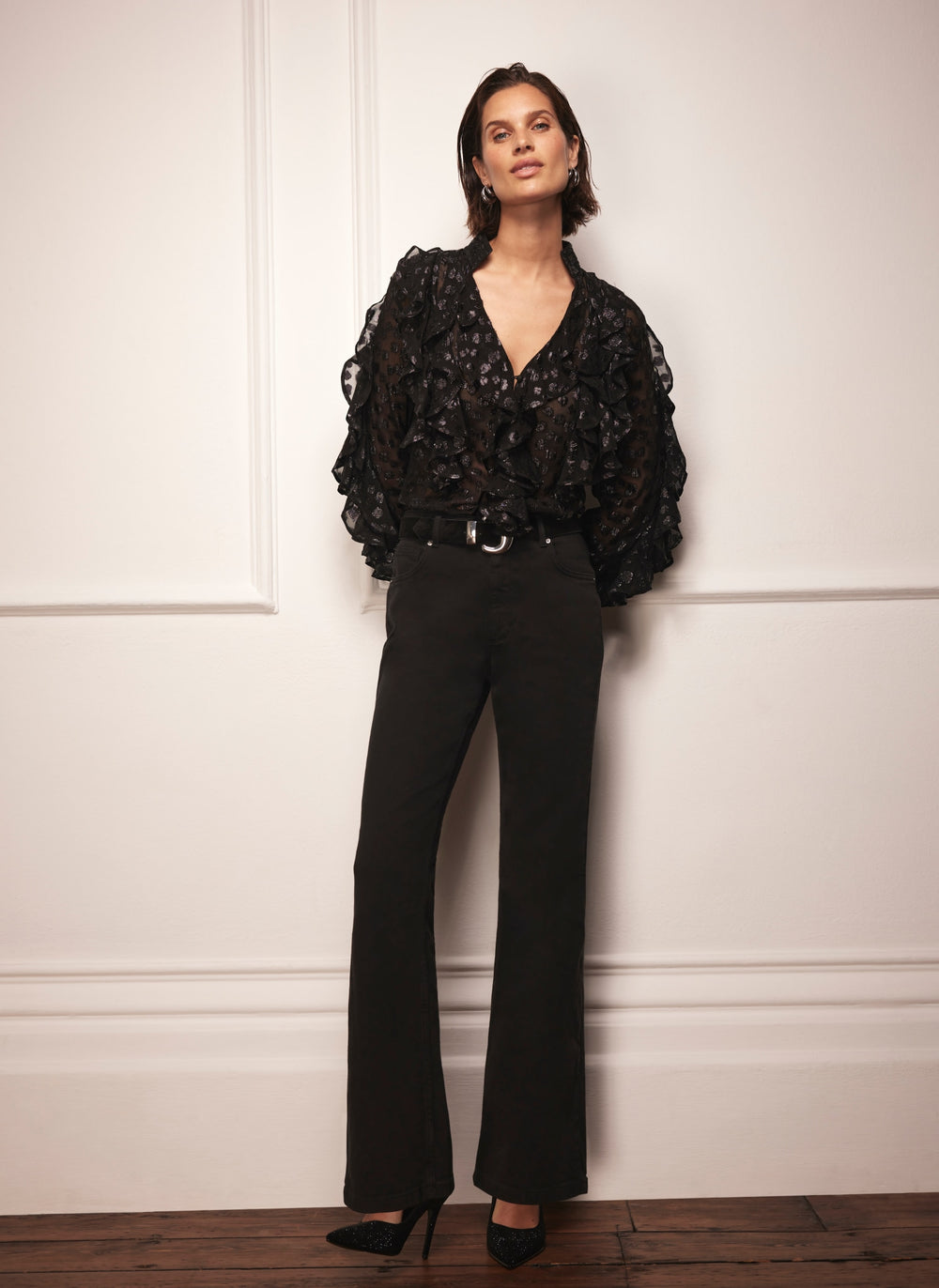 Black Jacquard Ruffle Blouse