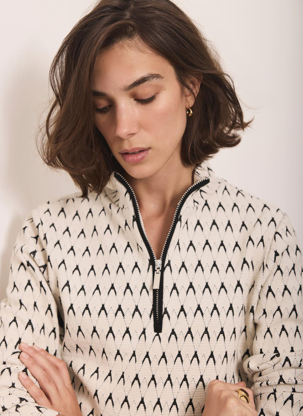 Neutral Jacquard Half Zip Top