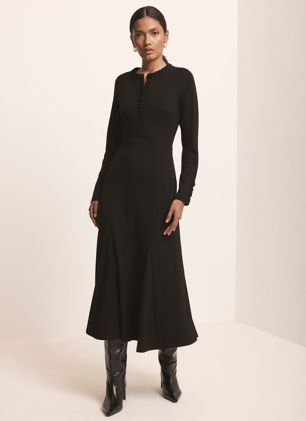 Black Jersey Ruched Trim Midi Dress
