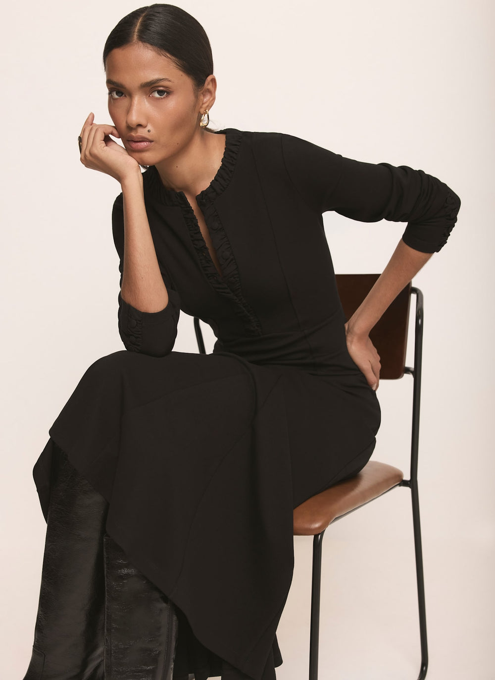 Black Jersey Ruched Trim Midi Dress