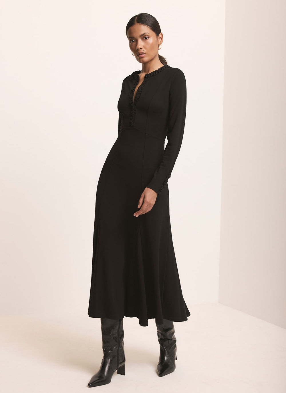 Black Jersey Ruched Trim Midi Dress