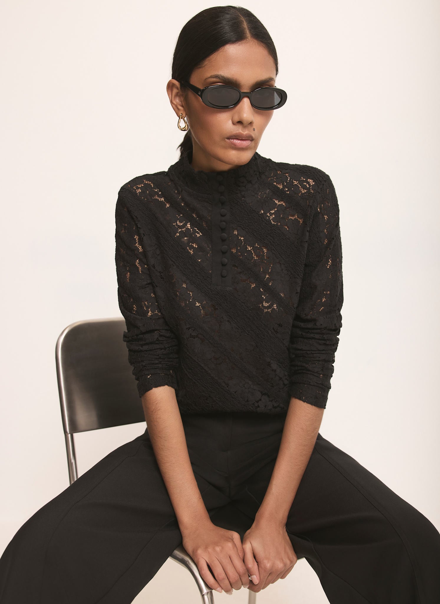 Black Lace Button Detail Top