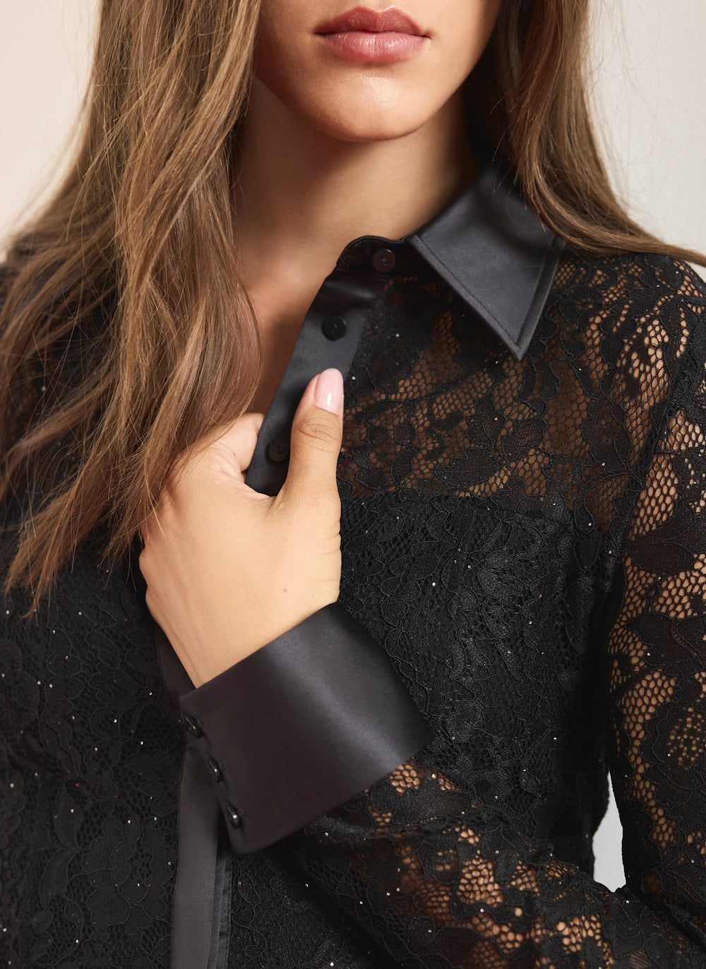 Black Sequin Lace Detail Shirt