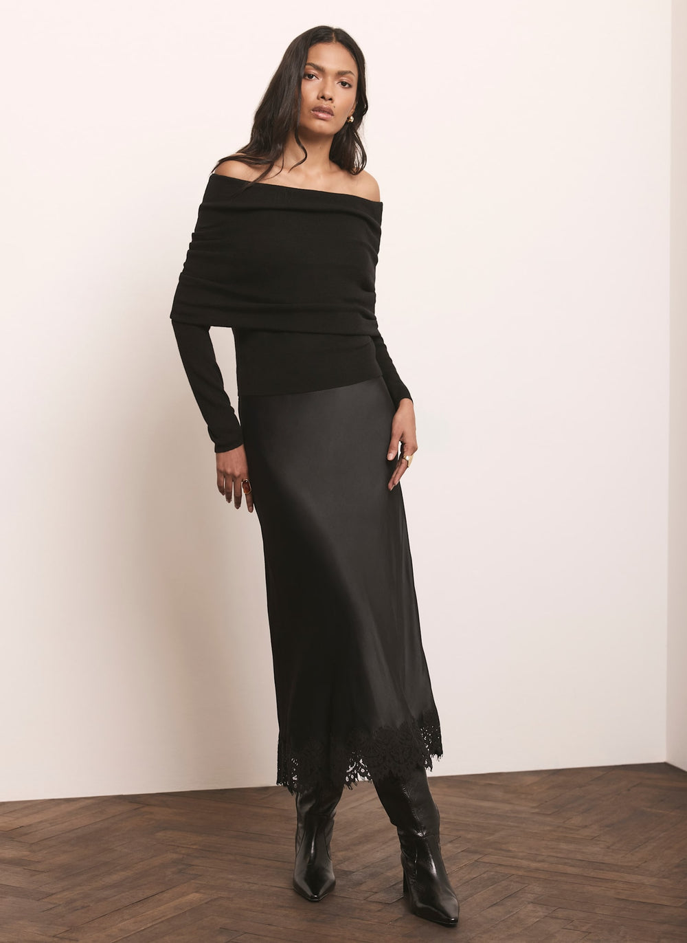 Black Satin Lace Trim Maxi Skirt
