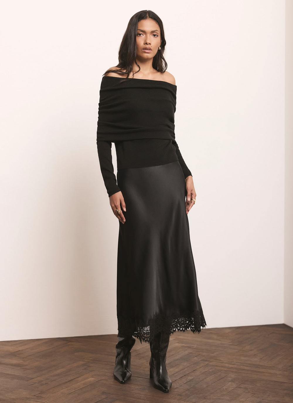 Black Satin Lace Trim Maxi Skirt