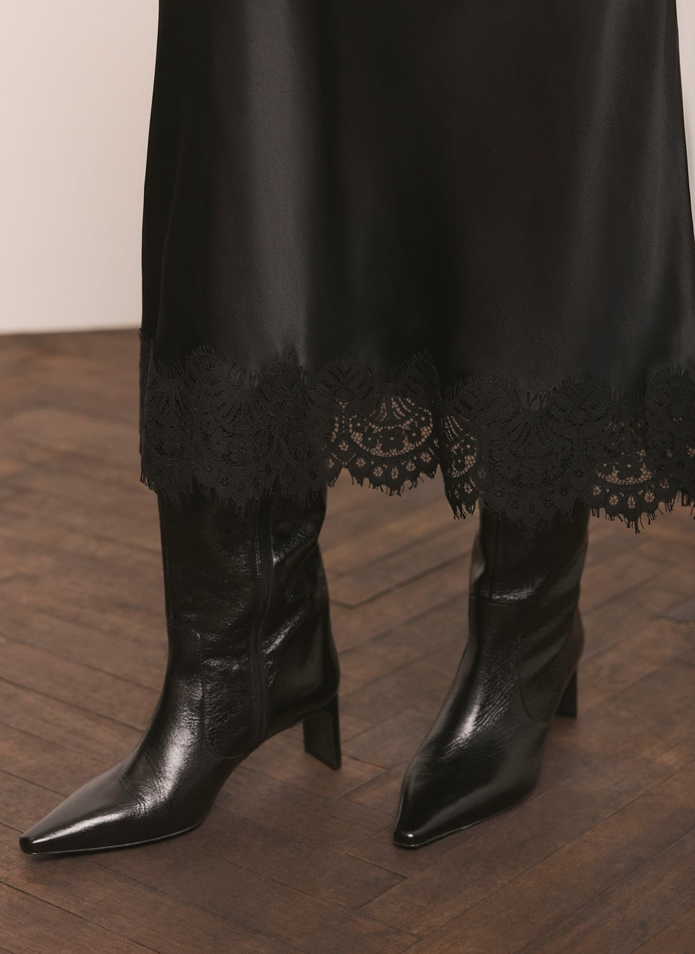 Black Satin Lace Trim Maxi Skirt