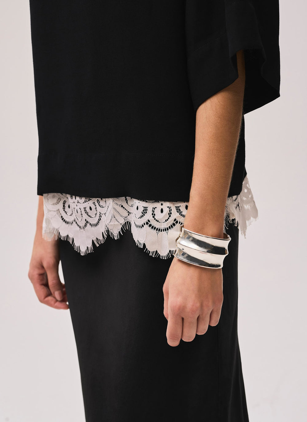 Black Satin Lace Trim Top