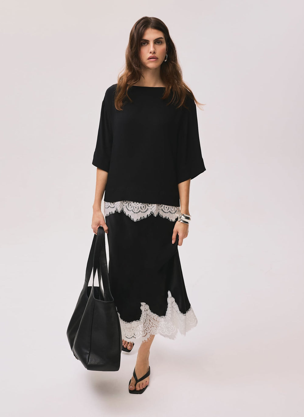 Black Satin Lace Trim Top