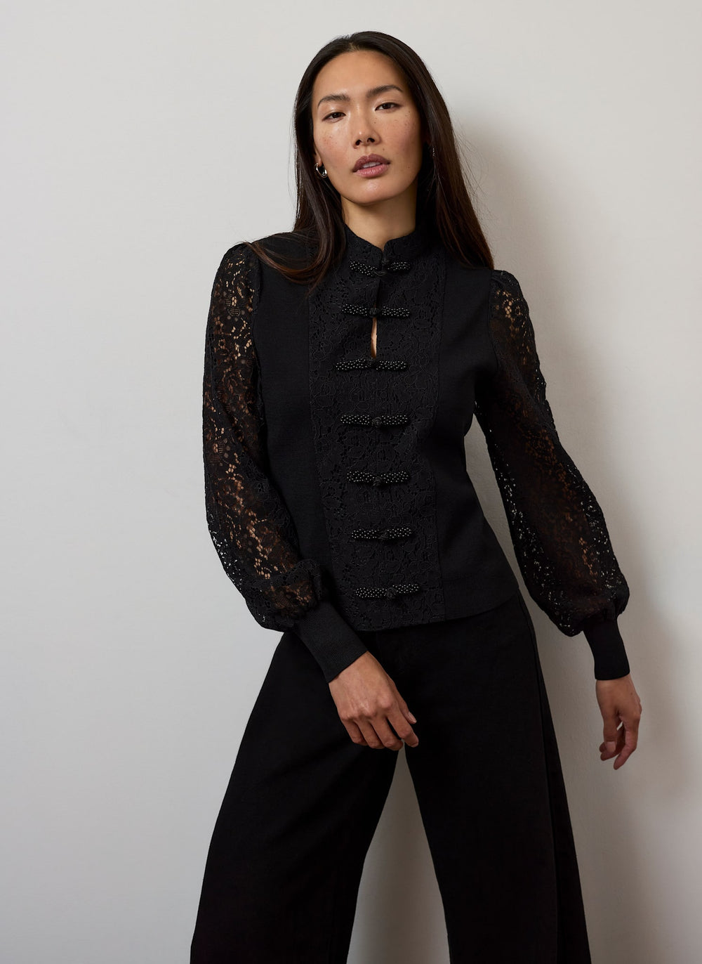 Black Lace Mandarin Collar Cardigan