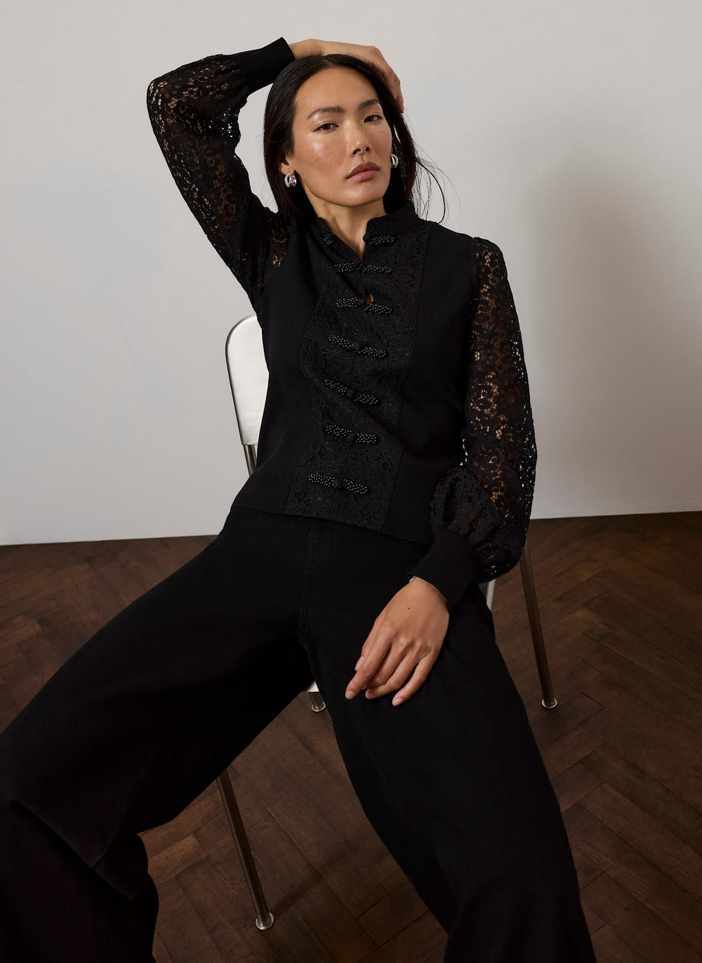 Black Lace Mandarin Collar Cardigan