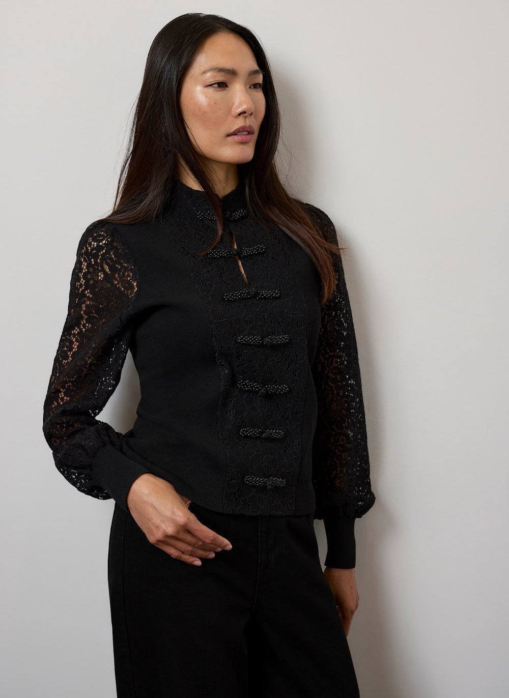 Black Lace Mandarin Collar Cardigan