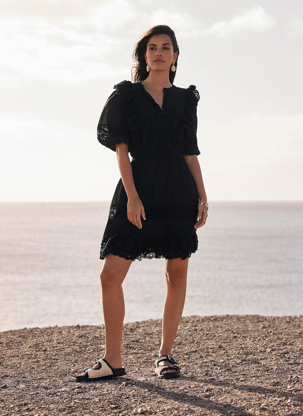 Black Lace Ruffle Mini Dress