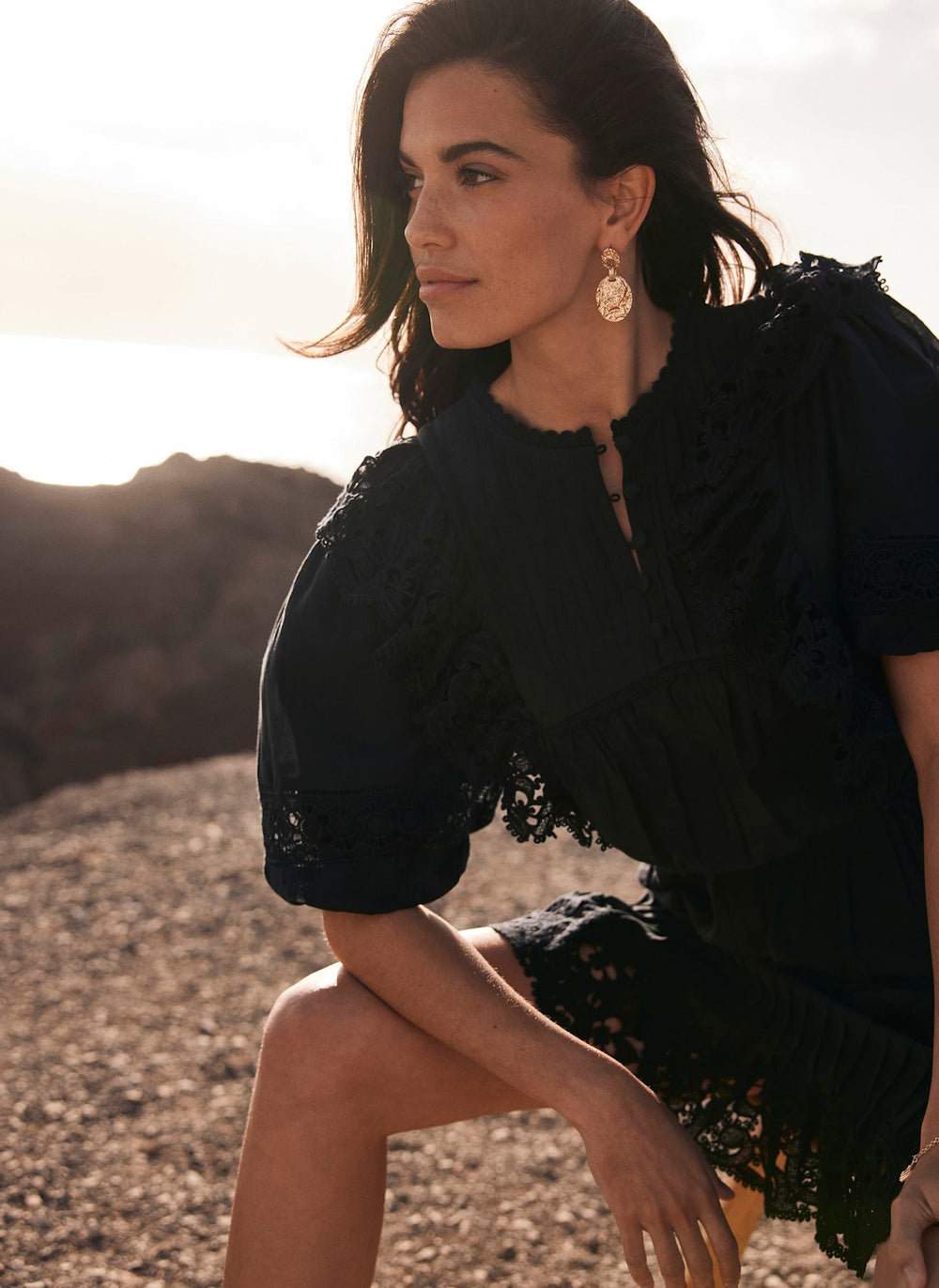 Black Lace Ruffle Mini Dress