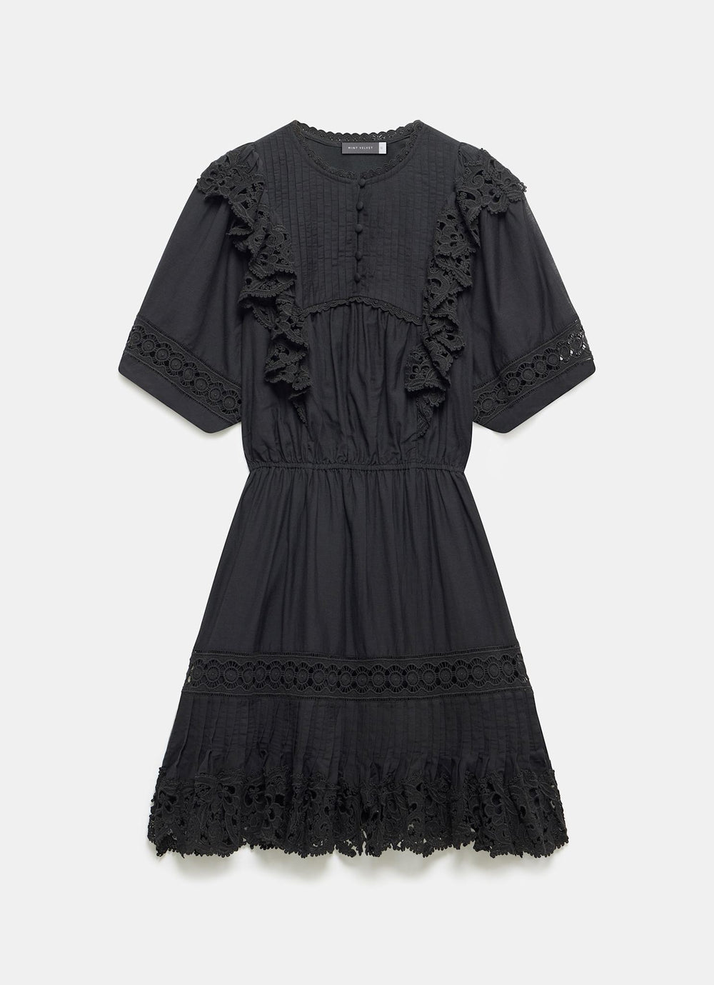 velvet floral embroidered ruffle lace trim mini dress Black Velvet Rose Lace Trim Mini Dress
