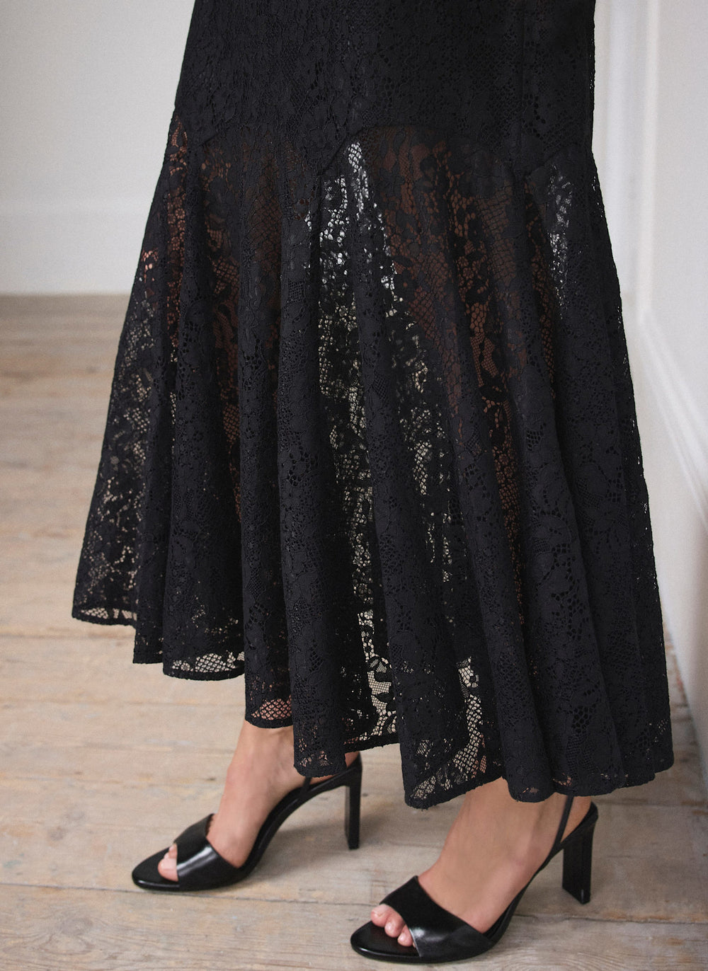 Black Lace Fluted Sheer Midi Skirt