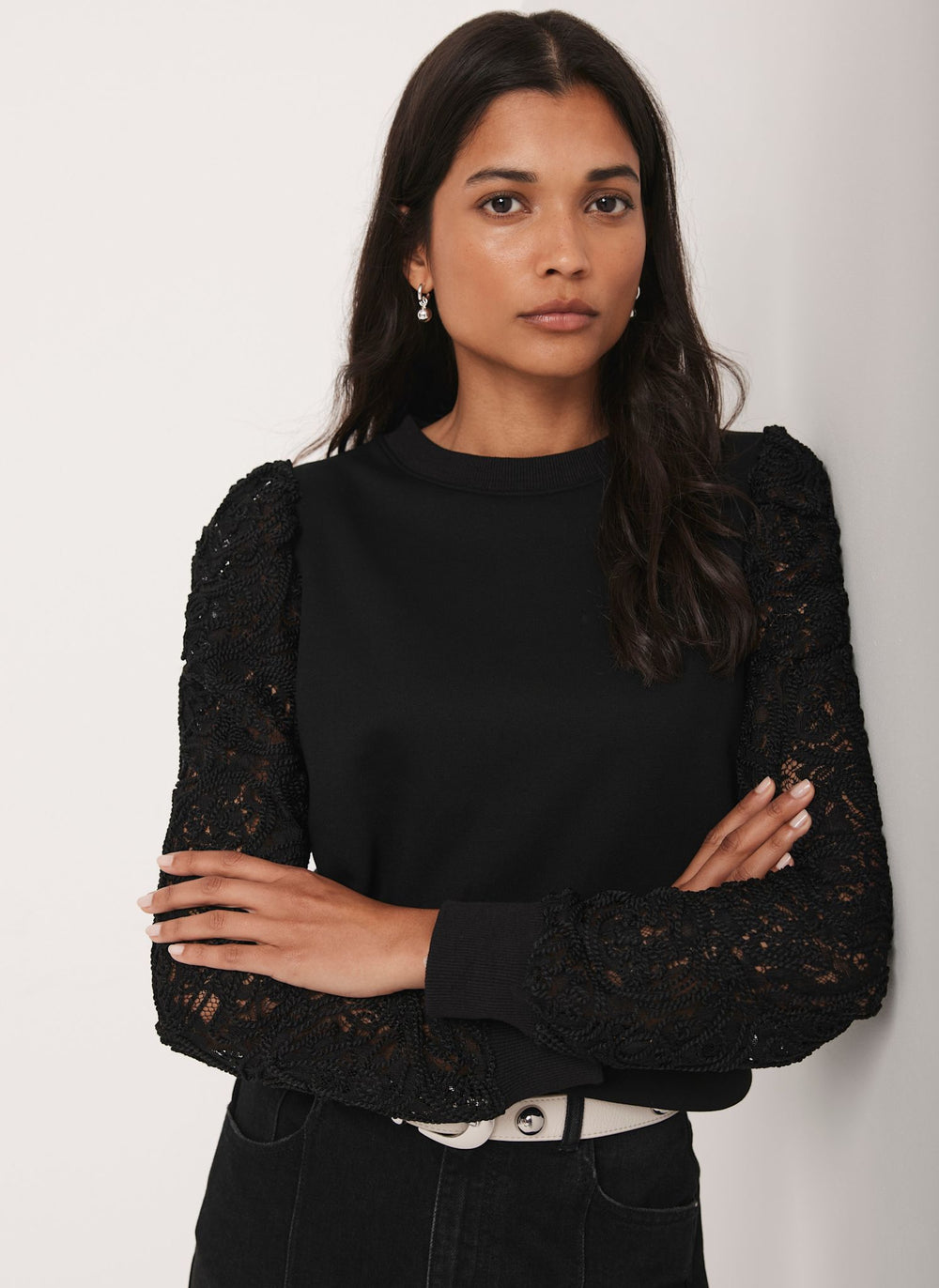 Black Lace Sleeve Sweatshirt
