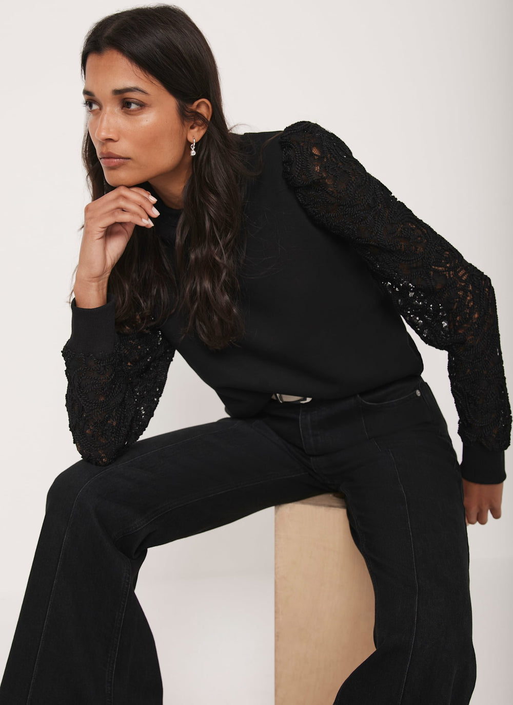 Black Lace Sleeve Sweatshirt