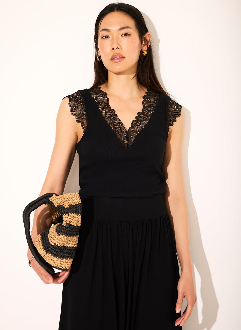 Black Cotton Lace Detail Top