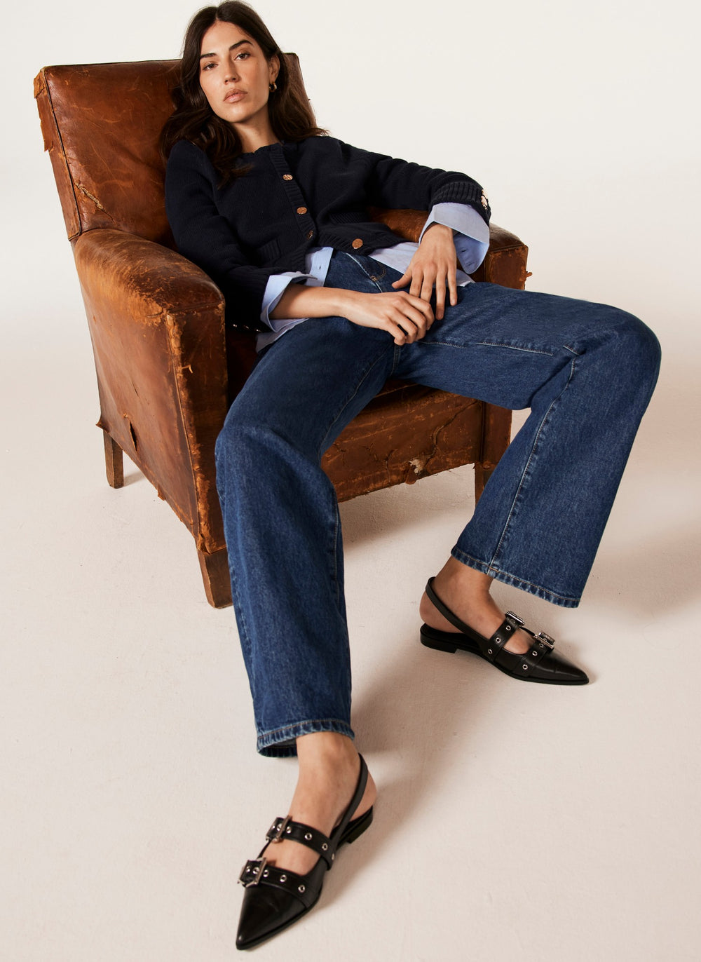 Black Leather Buckled Flat Shoes