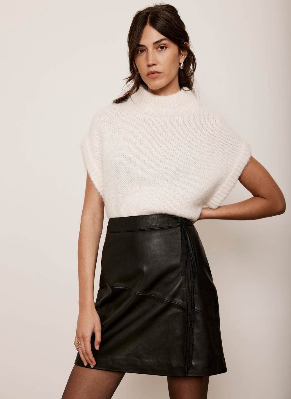 Black Leather Fringe Mini Skirt