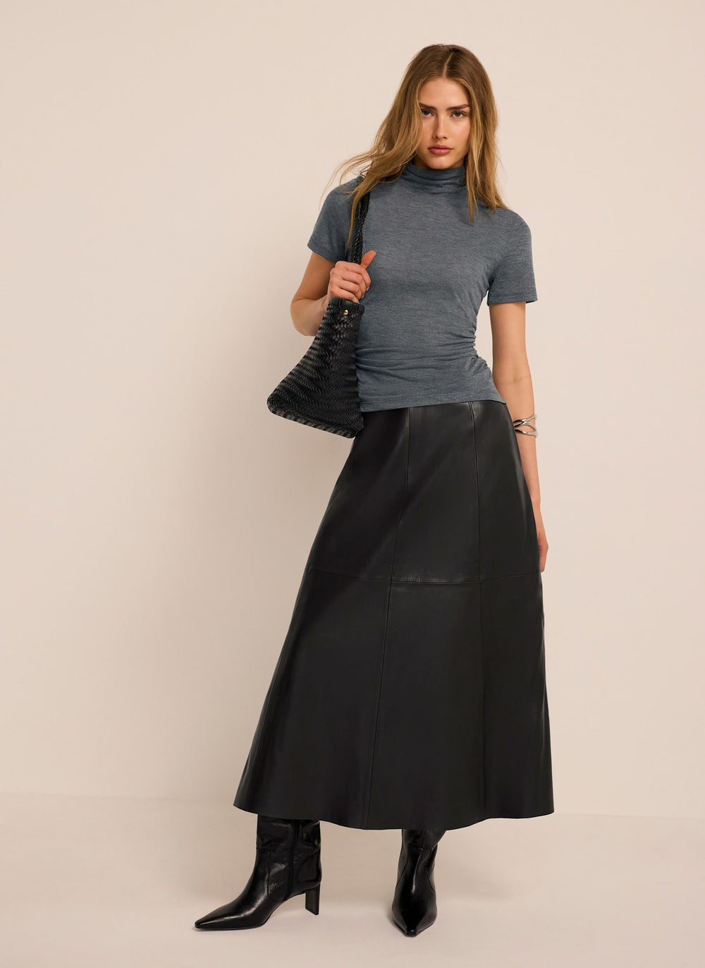 Black Leather Full Midi Skirt
