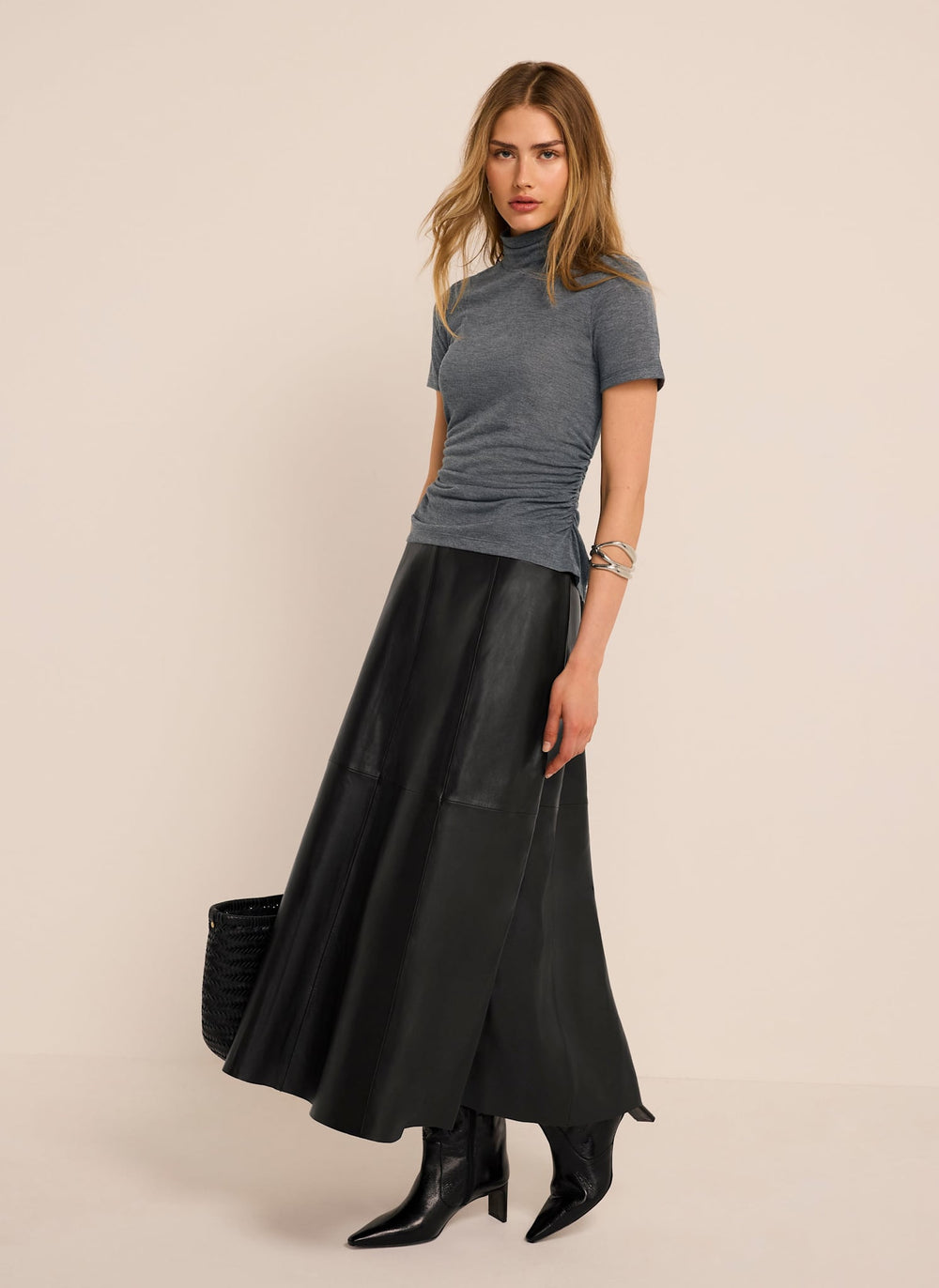 Black Leather Full Midi Skirt