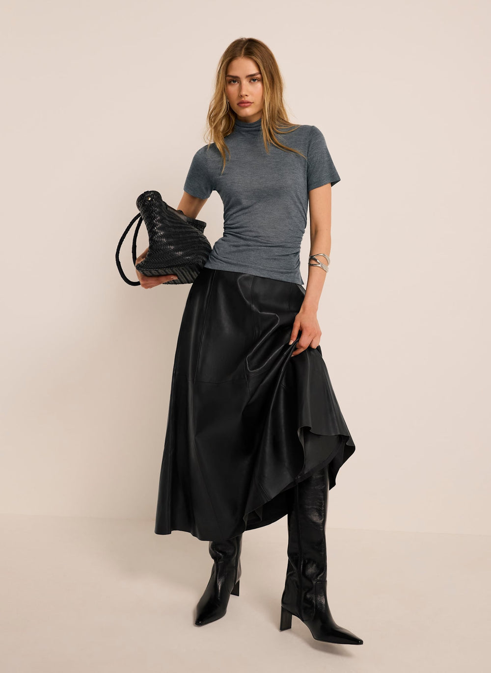 Black Leather Full Midi Skirt