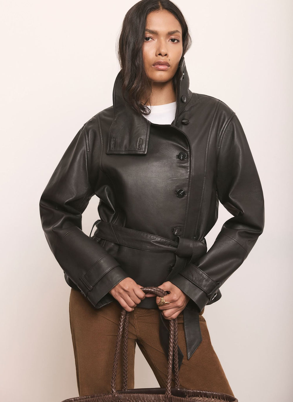 Black Leather Funnel Neck Jacket
