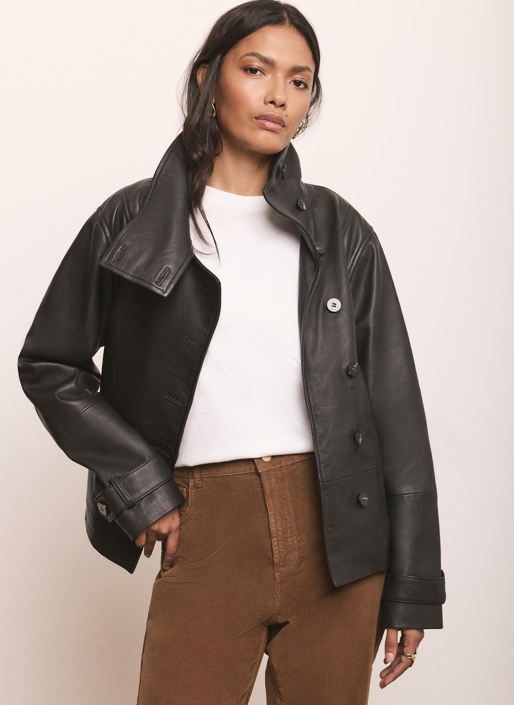 Black Leather Funnel Neck Jacket