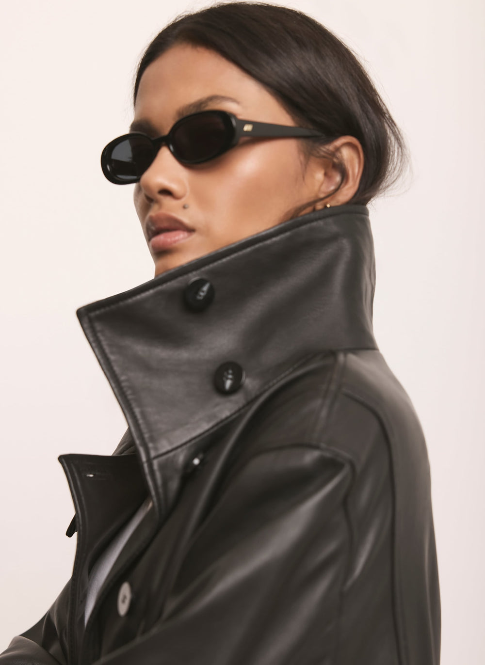 Black Leather Funnel Neck Jacket