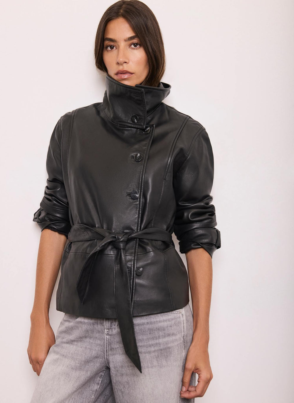 Black Leather Funnel Neck Jacket