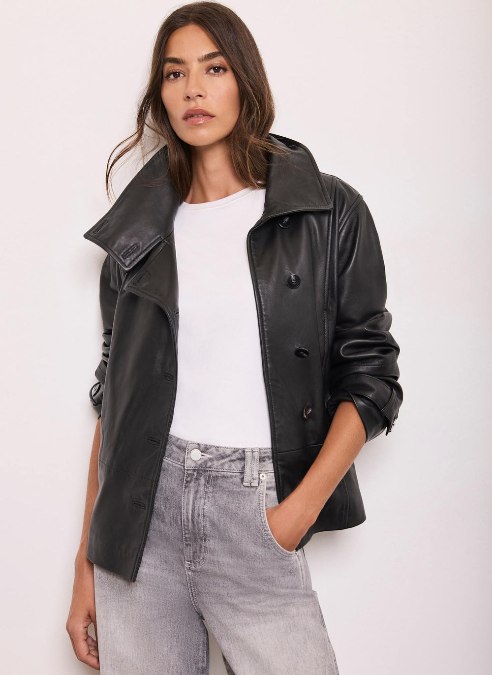Black Leather Funnel Neck Jacket