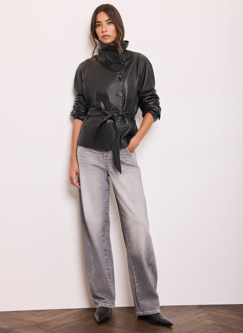 Black Leather Funnel Neck Jacket