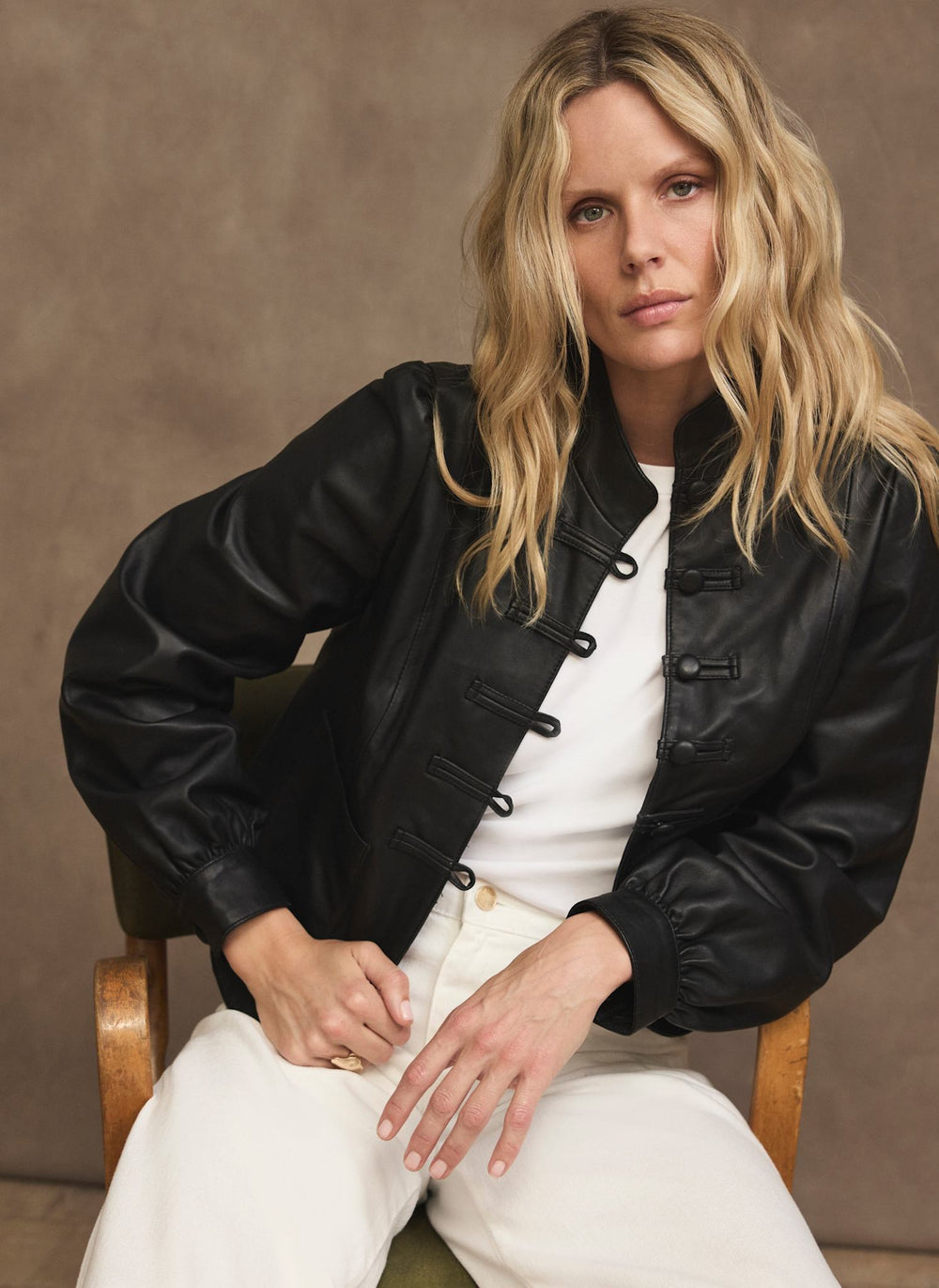 Black Leather Stand Collar Jacket